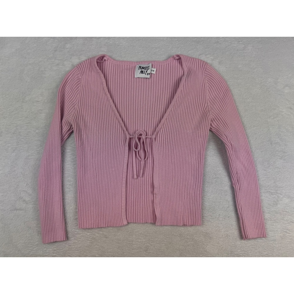 Princess Polly Pink Ribbed Tie Front Cardigan Long Sleeve Top S/M soft girl